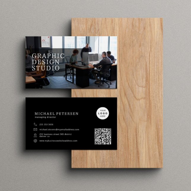 Photo logo QR code modern professional black Business Card (Creator Uploaded)