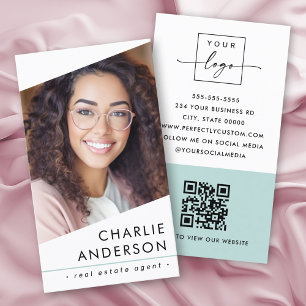 Photo logo QR code modern white light aqua blue Business Card