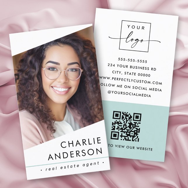 Photo logo QR code modern white light aqua blue Business Card (Photo logo QR code modern white light aqua blue Business Card)
