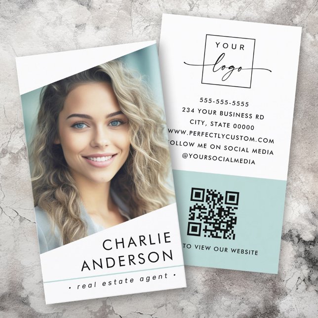 Photo logo QR code modern white professional Business Card (Creator Uploaded)