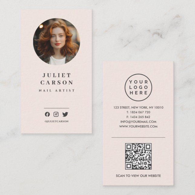 Photo logo QR code Social Media Blush Pink  Business Card (Front/Back)