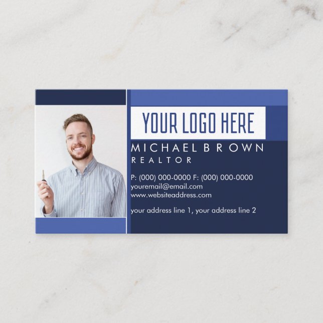 Photo Logo Real Estate Blue Navy Simple Business Card (Front)