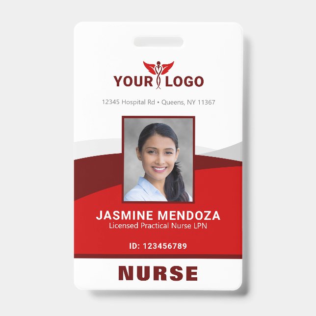 Photo Logo Red Template Employee Name Nurse ID Badge (Front)