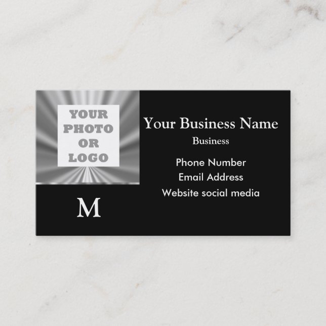 Photo logo silver grey and black metallic look business card (Front)