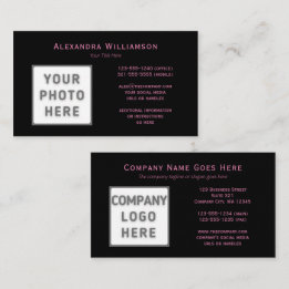 Photo Logo Template Double-Sided Pink Text Black Business Card