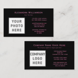 Photo Logo Template Double-Sided Pink Text Black Business Card
