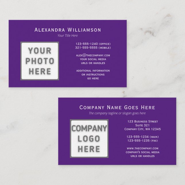 Photo Logo Template Horizontal Double-Sided Purple Business Card (Front/Back)