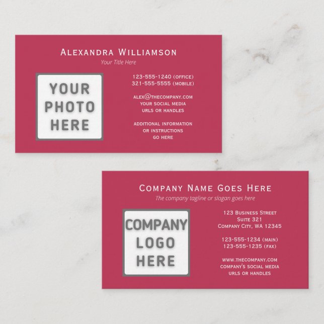 Photo Logo Template Horizontal Front Back Magenta  Business Card (Front/Back)