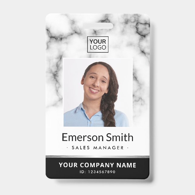 Photo logo white marble black modern employee id badge (Front)