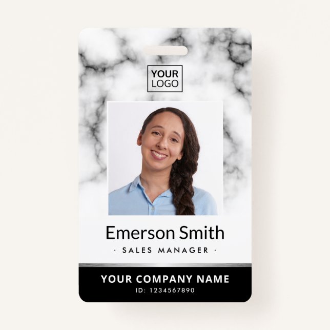 Photo logo white marble black modern employee id ID badge (Front)
