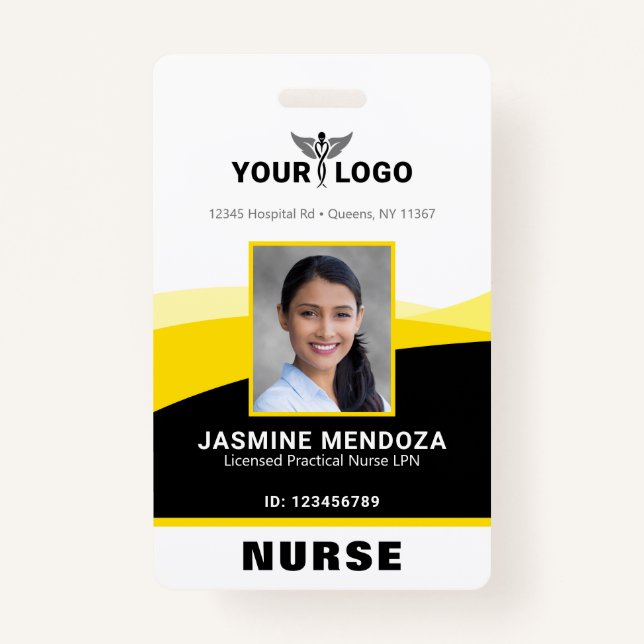 Photo Logo Yellow Black Template Corporate Name ID ID Badge (Front)