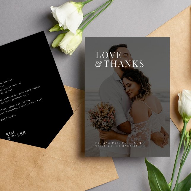 Photo love and thanks modern typography wedding thank you card (Creator Uploaded)