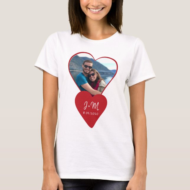 Photo love couple initials red heart Valentine T-Shirt (Front)
