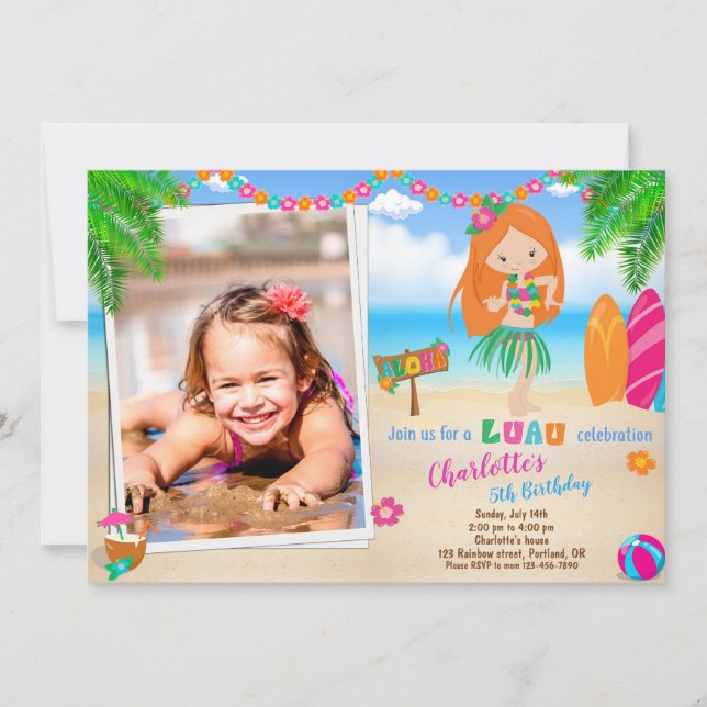 Photo Luau birthday invitation Hawaiian girl beach (Front)
