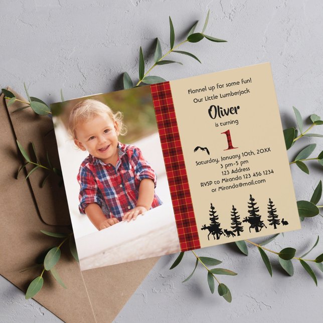 Photo Lumberjack 1st birthday boy invitation Postcard (Creator Uploaded)
