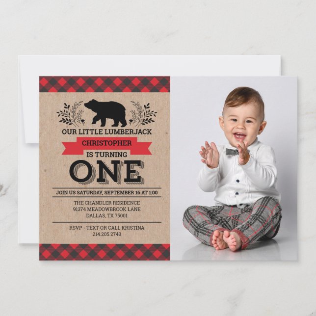 Photo Lumberjack 1st Birthday Party Invitation (Front)
