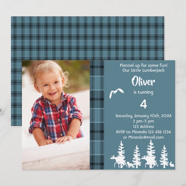 Photo lumberjack 4th birthday party blue boy invitation (Front/Back)