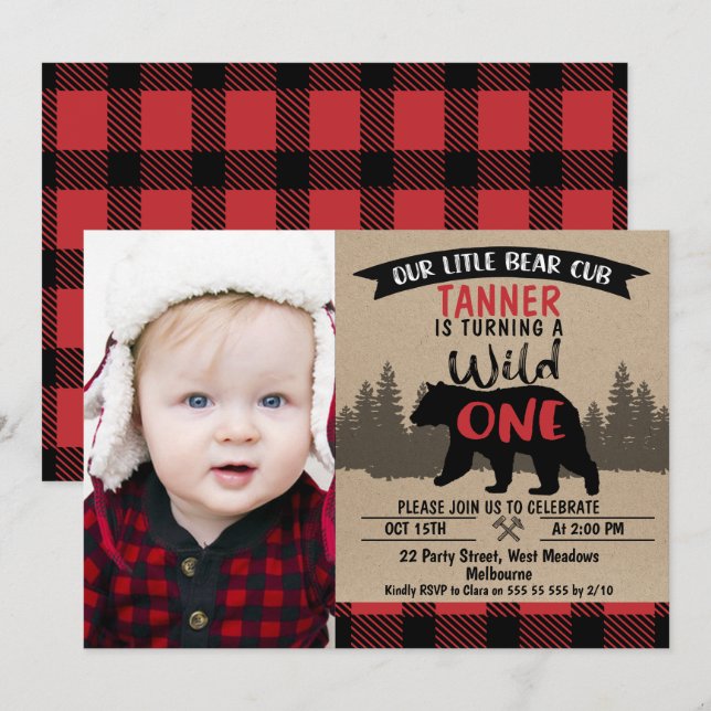Photo Lumberjack Bear Cub 1st Birthday Invitation (Front/Back)