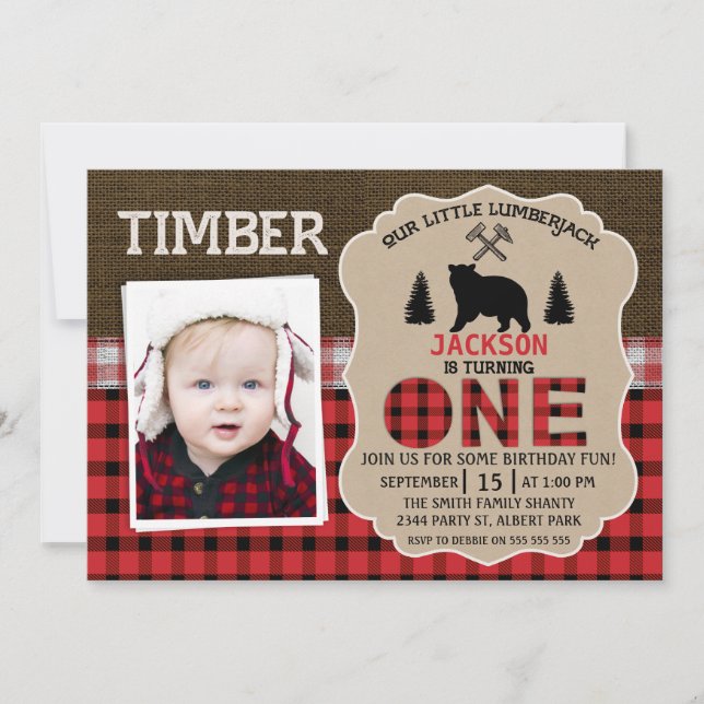 Photo Lumberjack  Burlap 1st Birthday Invitation (Front)