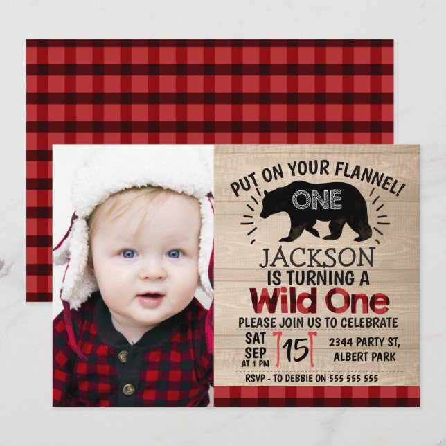 Photo Lumberjack Wood 1st Birthday Invitation (Front/Back)