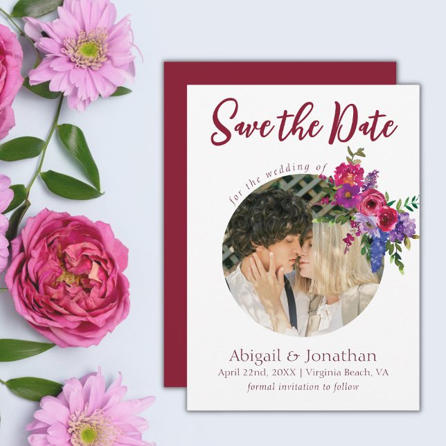 Photo Magenta and Purple Flowers Floral Wedding Save The Date (Creator Uploaded)