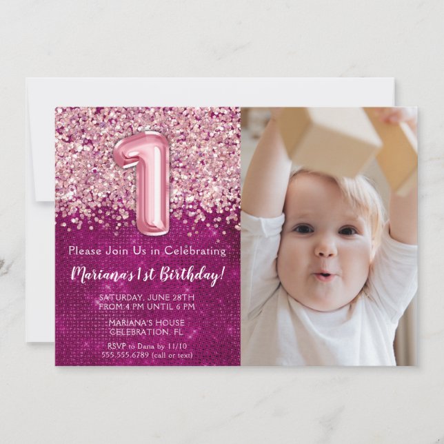 Photo Magenta Pink Glitter 1st Birthday Invitation (Front)