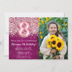Photo Magenta Pink Glitter 8th Birthday Invitation