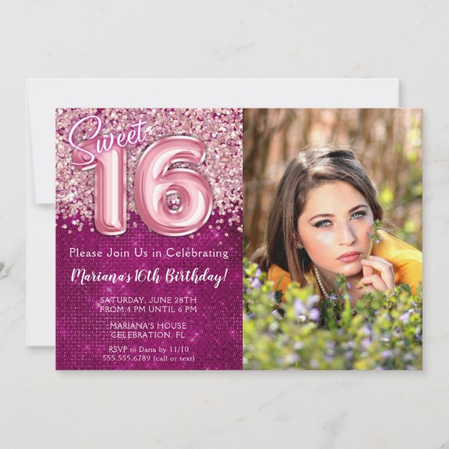 Photo Magenta Pink Sweet 16th Birthday Party Invitation (Front)
