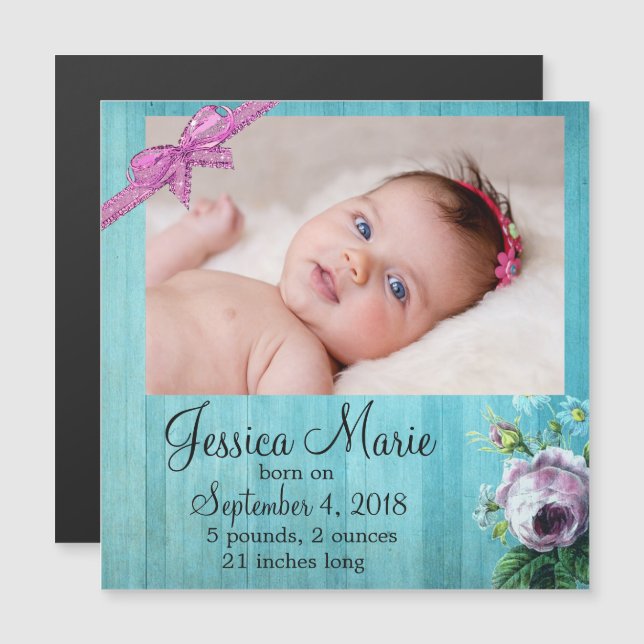 Photo Magnet Baby Birth Announcement Purple Bow (Front/Back)