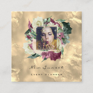 Photo Makeup Blogg Event Planner Floral Gold Rose Square Business Card