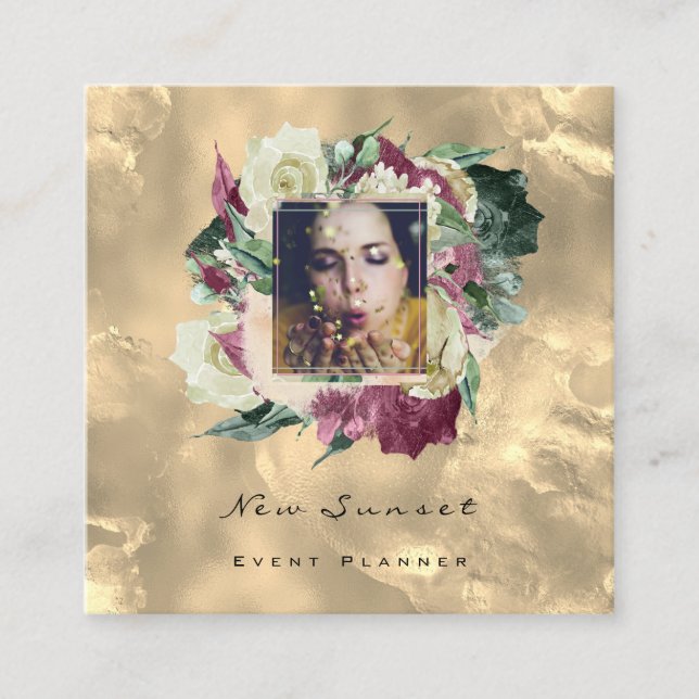 Photo Makeup Blogg Event Planner Floral Gold Rose Square Business Card (Front)