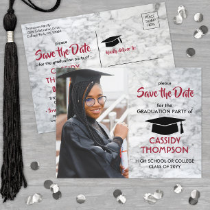 Photo Marble Red Black Graduation Save the Date Postcard