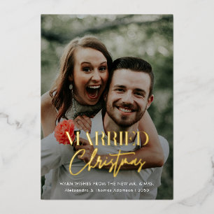 Photo Married Christmas Newlyweds Red Plaid Foil Holiday Card