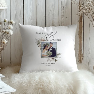Photo Married & Merry Floral Watercolor Christmas Cushion