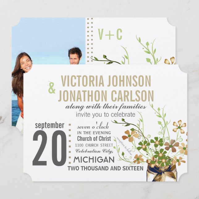 Photo Mason Jar Bronze and Green Floral Wedding Invitation (Front/Back)