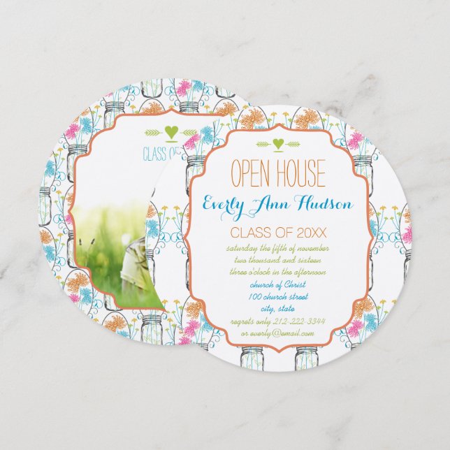 Photo Mason Jar Pink Coral Aqua Floral Graduation Invitation (Front/Back)