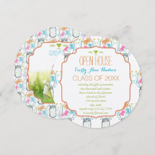 Photo Mason Jar Pink Coral Aqua Floral Graduation Invitation
