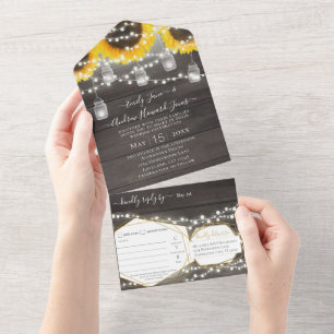 Photo Mason Jar Sunflower Geometric Gold Frame All In One Invitation