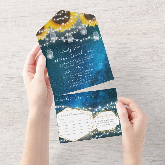 Photo Mason Jar Sunflower Navy Blue Yellow & Gold All In One Invitation (Tearaway)
