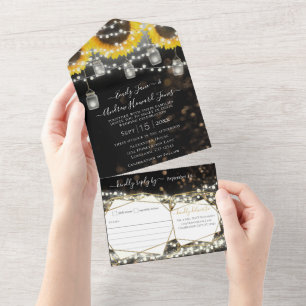 Photo Mason Jar Sunflower Yellow & Gold Wedding  All In One Invitation