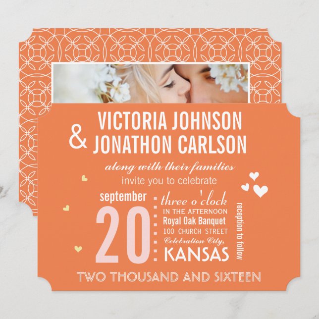 Photo MCM Coral Orange Modern Typography Wedding Invitation (Front/Back)