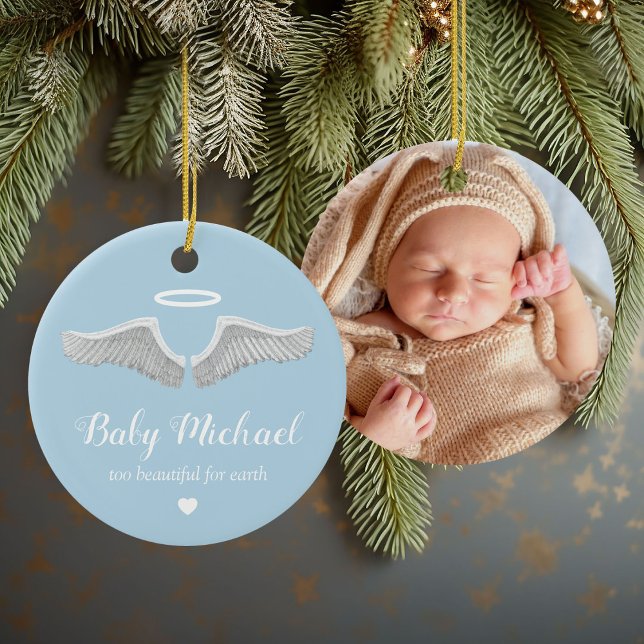 Photo Memorial Blue Angel Wings Christmas Ceramic Tree Decoration (Creator Uploaded)