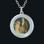 Photo Memorial Charm for Wedding Bouquet in Blue Silver Plated Necklace<br><div class="desc">Wedding Memorial Bouquet Charms. Remember those who cannot be with you on your special day with a memorial bridal charm. A lovely sentimental keepsake for the bride to carry in her bouquet. This charm has a black background with the phrase, "Forever in my Heart" and a place below for your...</div>
