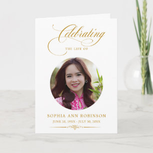 Photo Memorial Elegant Gold Script Funeral Program Card