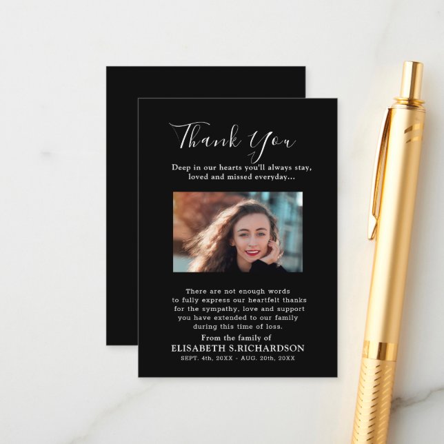 Photo Memorial Floral Black Thank You Card (Front/Back In Situ)