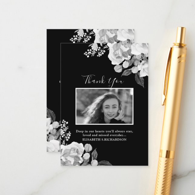 Photo Memorial Floral Black White Thank You Card (Front/Back In Situ)