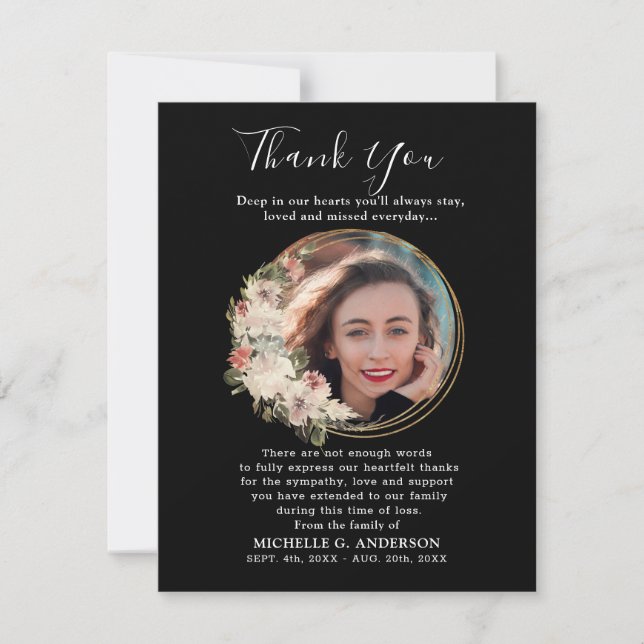 Photo Memorial Floral Golden Thank You Card (Front)