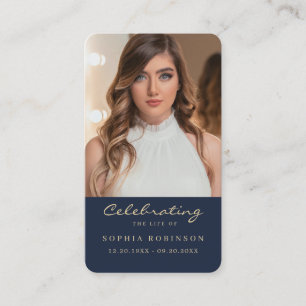 Photo Memorial Gold Script Blue Prayer Card