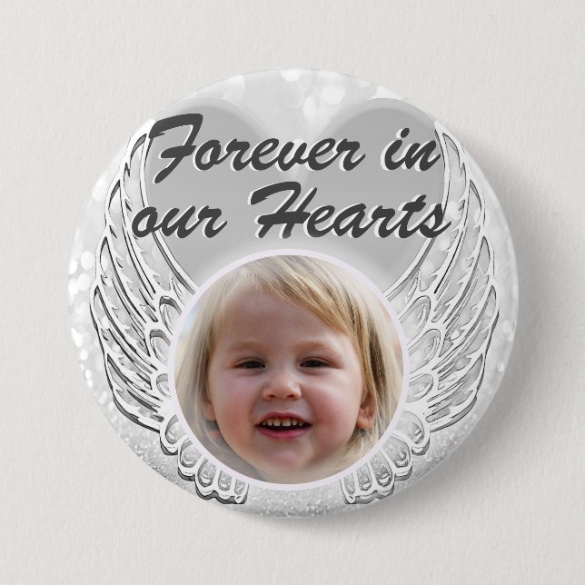 Photo Memorial Heart Angel Wings Button (Front)