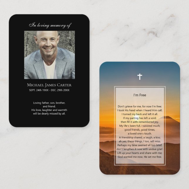 Photo memorial I'm Free prayer with cross card (Front/Back)